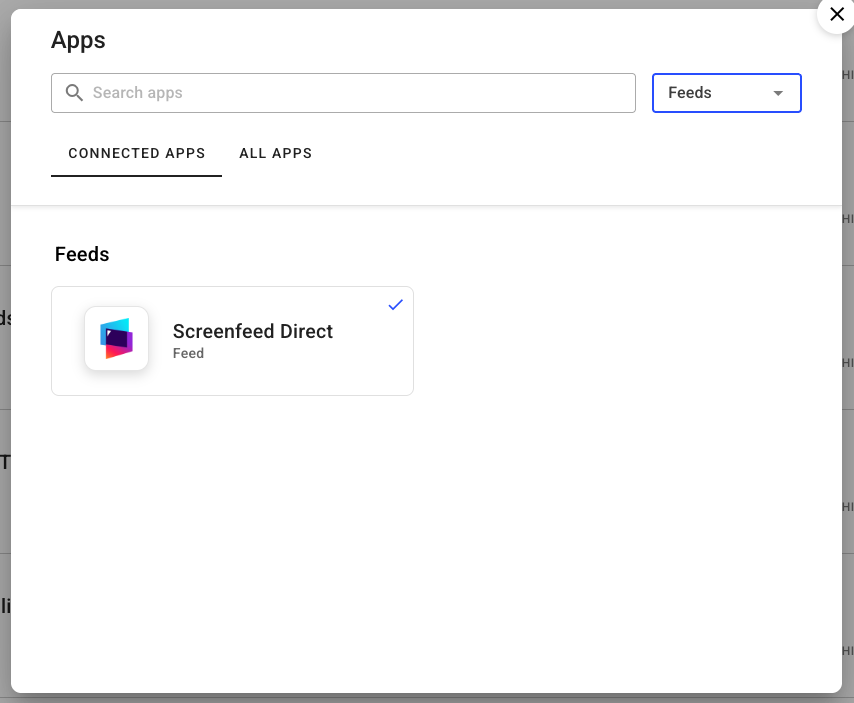 Apps interface showing connected apps and selected Screenfeed Direct feed option.